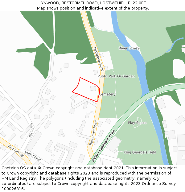 LYNWOOD, RESTORMEL ROAD, LOSTWITHIEL, PL22 0EE: Location map and indicative extent of plot