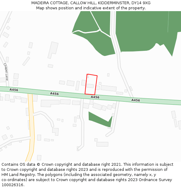 MADEIRA COTTAGE, CALLOW HILL, KIDDERMINSTER, DY14 9XG: Location map and indicative extent of plot