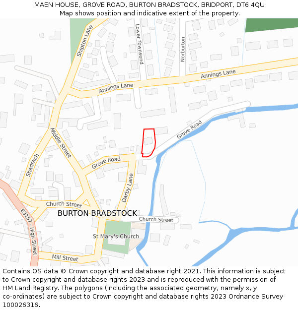 MAEN HOUSE, GROVE ROAD, BURTON BRADSTOCK, BRIDPORT, DT6 4QU: Location map and indicative extent of plot