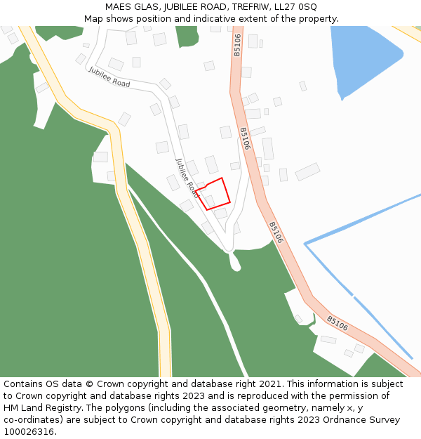 MAES GLAS, JUBILEE ROAD, TREFRIW, LL27 0SQ: Location map and indicative extent of plot