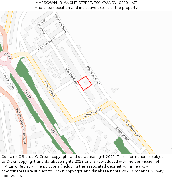 MAESGWYN, BLANCHE STREET, TONYPANDY, CF40 1NZ: Location map and indicative extent of plot