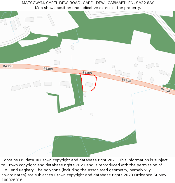 MAESGWYN, CAPEL DEWI ROAD, CAPEL DEWI, CARMARTHEN, SA32 8AY: Location map and indicative extent of plot