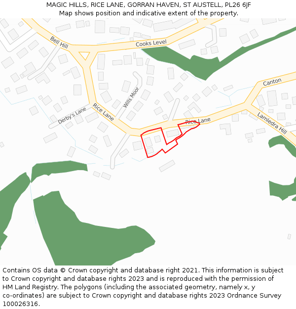 MAGIC HILLS, RICE LANE, GORRAN HAVEN, ST AUSTELL, PL26 6JF: Location map and indicative extent of plot