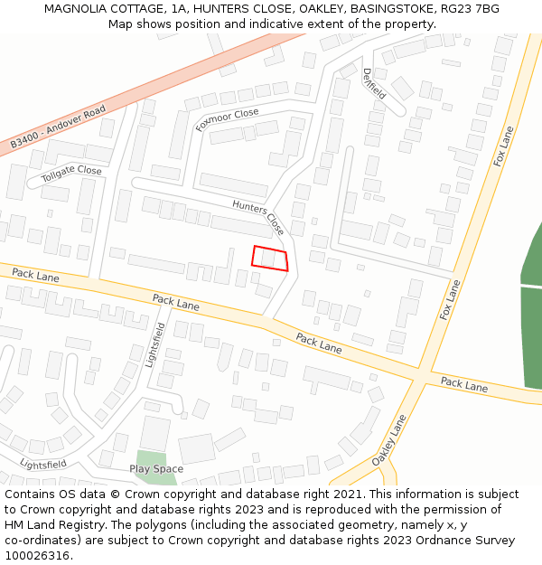 MAGNOLIA COTTAGE, 1A, HUNTERS CLOSE, OAKLEY, BASINGSTOKE, RG23 7BG: Location map and indicative extent of plot