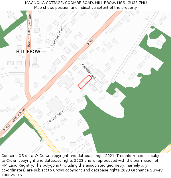 MAGNOLIA COTTAGE, COOMBE ROAD, HILL BROW, LISS, GU33 7NU: Location map and indicative extent of plot