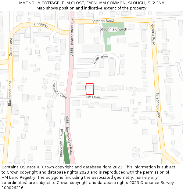 MAGNOLIA COTTAGE, ELM CLOSE, FARNHAM COMMON, SLOUGH, SL2 3NA: Location map and indicative extent of plot