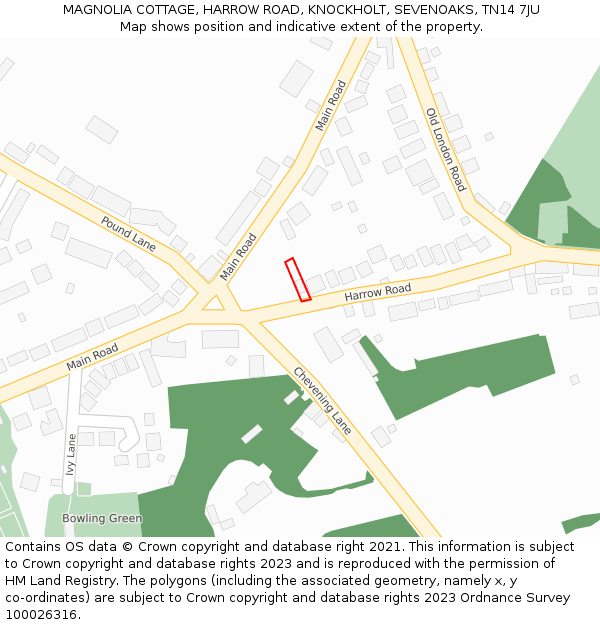 MAGNOLIA COTTAGE, HARROW ROAD, KNOCKHOLT, SEVENOAKS, TN14 7JU: Location map and indicative extent of plot