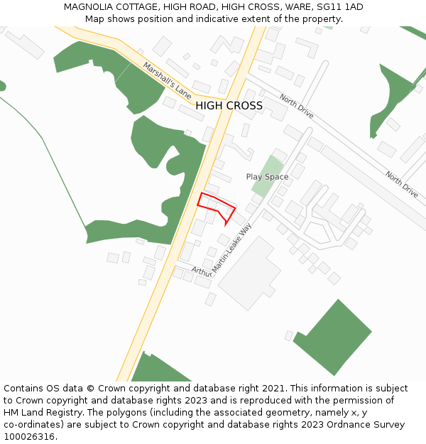 MAGNOLIA COTTAGE, HIGH ROAD, HIGH CROSS, WARE, SG11 1AD: Location map and indicative extent of plot