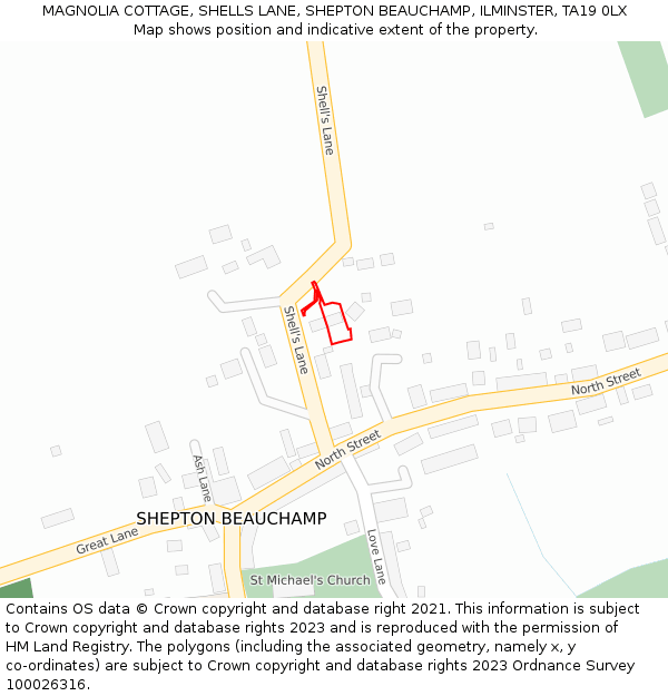 MAGNOLIA COTTAGE, SHELLS LANE, SHEPTON BEAUCHAMP, ILMINSTER, TA19 0LX: Location map and indicative extent of plot