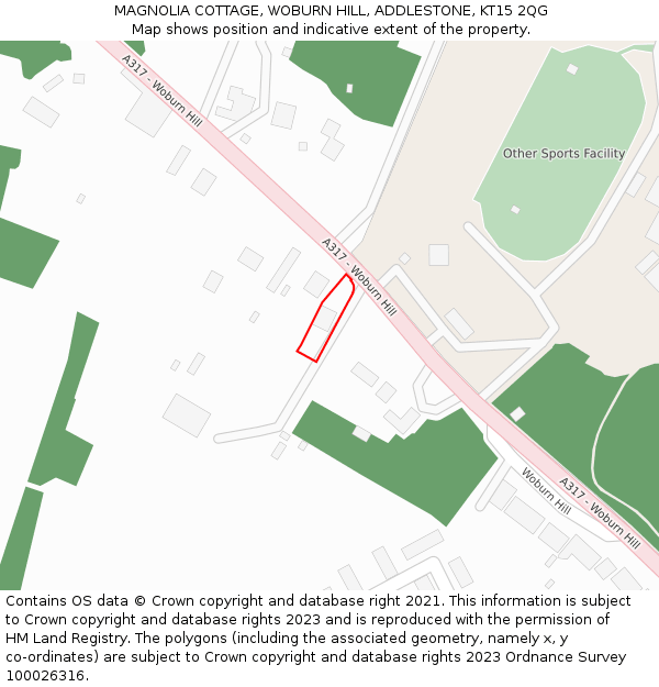 MAGNOLIA COTTAGE, WOBURN HILL, ADDLESTONE, KT15 2QG: Location map and indicative extent of plot
