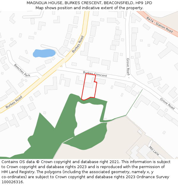 MAGNOLIA HOUSE, BURKES CRESCENT, BEACONSFIELD, HP9 1PD: Location map and indicative extent of plot