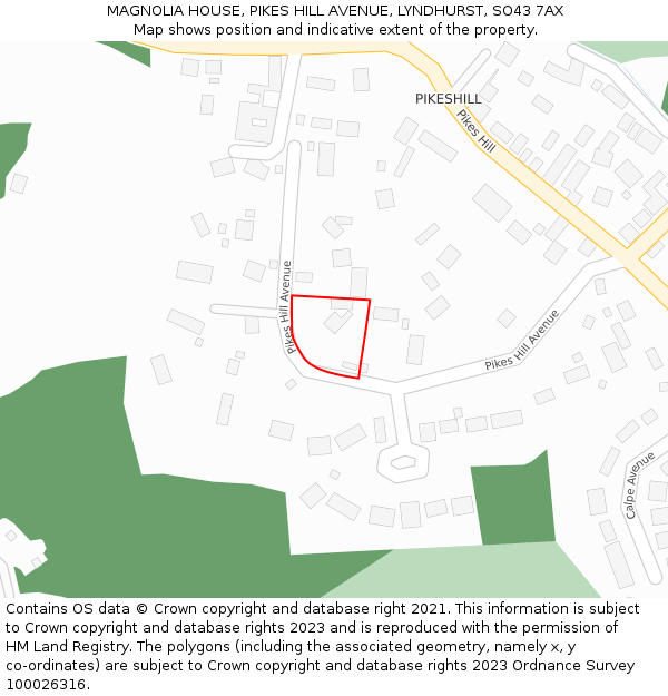 MAGNOLIA HOUSE, PIKES HILL AVENUE, LYNDHURST, SO43 7AX: Location map and indicative extent of plot