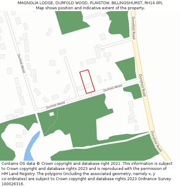 MAGNOLIA LODGE, DURFOLD WOOD, PLAISTOW, BILLINGSHURST, RH14 0PL: Location map and indicative extent of plot