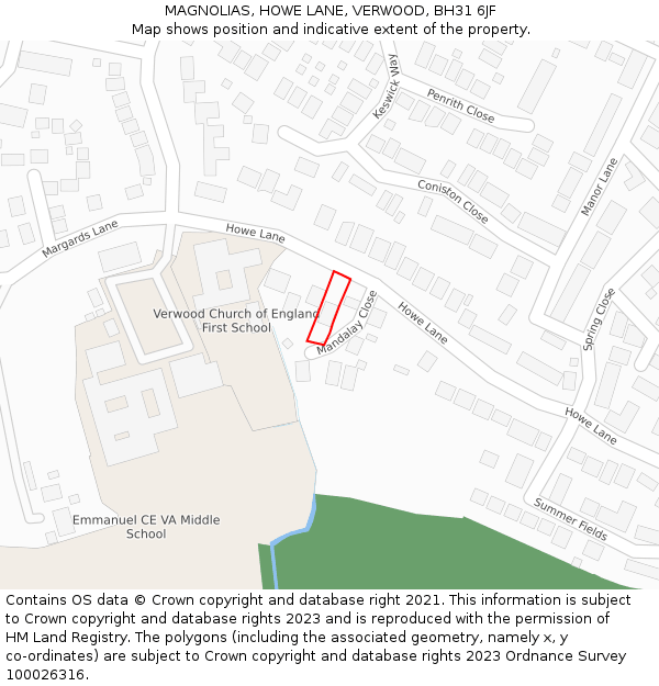 MAGNOLIAS, HOWE LANE, VERWOOD, BH31 6JF: Location map and indicative extent of plot