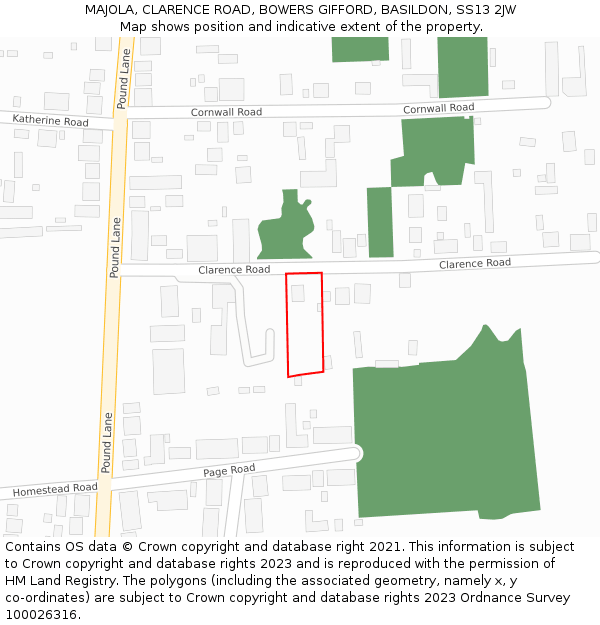 MAJOLA, CLARENCE ROAD, BOWERS GIFFORD, BASILDON, SS13 2JW: Location map and indicative extent of plot