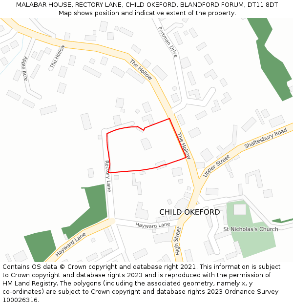 MALABAR HOUSE, RECTORY LANE, CHILD OKEFORD, BLANDFORD FORUM, DT11 8DT: Location map and indicative extent of plot