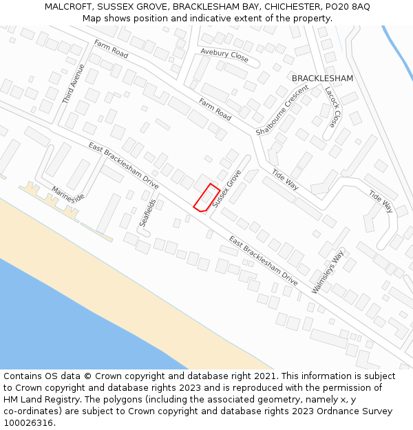 MALCROFT, SUSSEX GROVE, BRACKLESHAM BAY, CHICHESTER, PO20 8AQ: Location map and indicative extent of plot