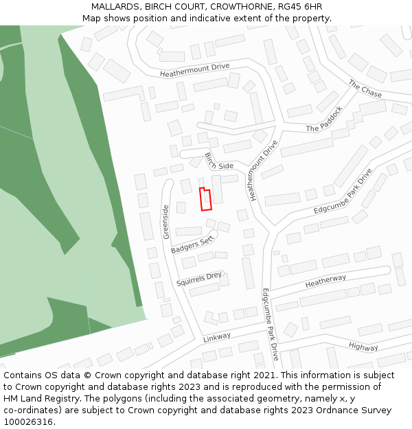 MALLARDS, BIRCH COURT, CROWTHORNE, RG45 6HR: Location map and indicative extent of plot