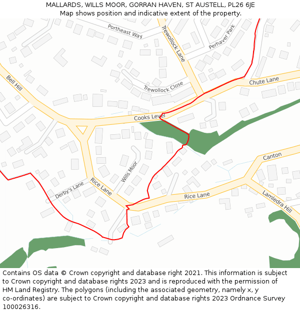 MALLARDS, WILLS MOOR, GORRAN HAVEN, ST AUSTELL, PL26 6JE: Location map and indicative extent of plot