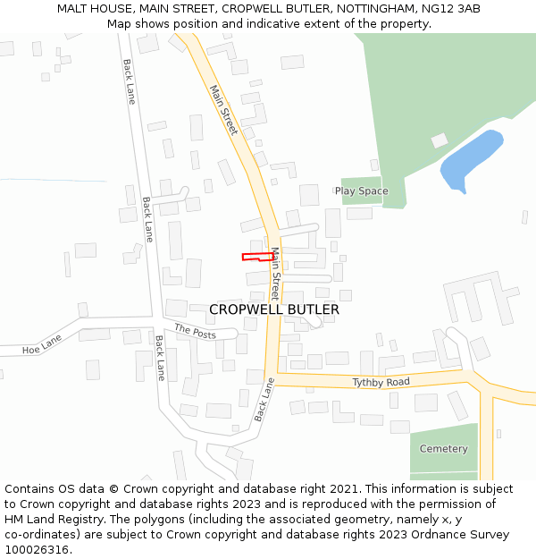 MALT HOUSE, MAIN STREET, CROPWELL BUTLER, NOTTINGHAM, NG12 3AB: Location map and indicative extent of plot