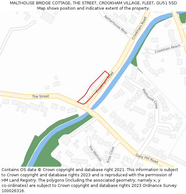 MALTHOUSE BRIDGE COTTAGE, THE STREET, CROOKHAM VILLAGE, FLEET, GU51 5SD: Location map and indicative extent of plot