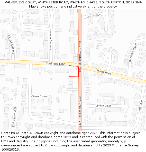 MALVERLEYS COURT, WINCHESTER ROAD, WALTHAM CHASE, SOUTHAMPTON, SO32 2NA: Location map and indicative extent of plot