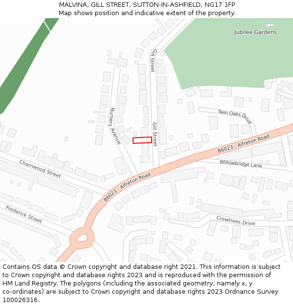 MALVINA, GILL STREET, SUTTON-IN-ASHFIELD, NG17 1FP: Location map and indicative extent of plot