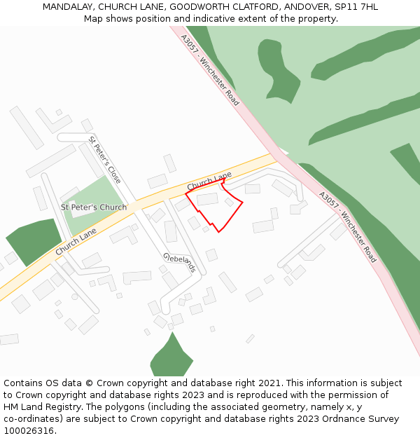 MANDALAY, CHURCH LANE, GOODWORTH CLATFORD, ANDOVER, SP11 7HL: Location map and indicative extent of plot