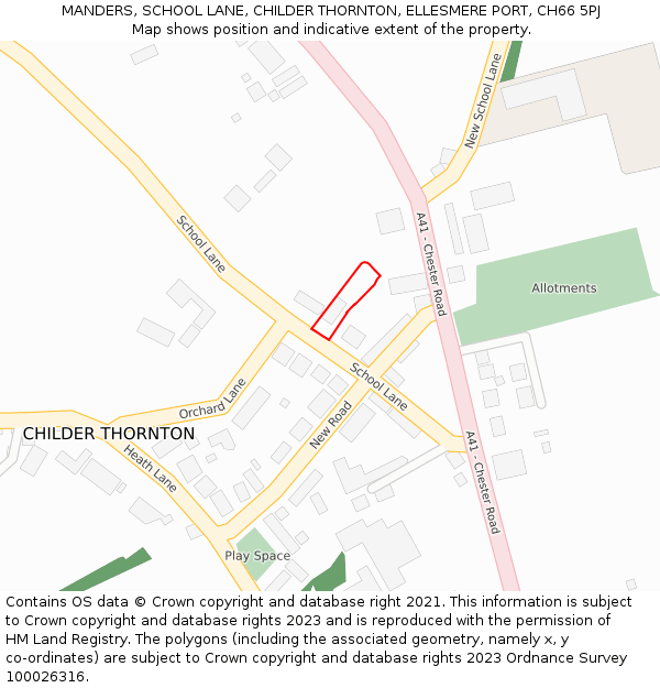 MANDERS, SCHOOL LANE, CHILDER THORNTON, ELLESMERE PORT, CH66 5PJ: Location map and indicative extent of plot