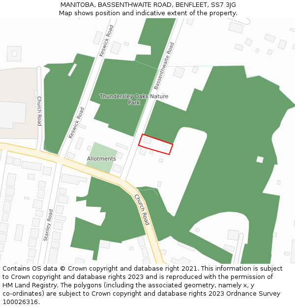 MANITOBA, BASSENTHWAITE ROAD, BENFLEET, SS7 3JG: Location map and indicative extent of plot