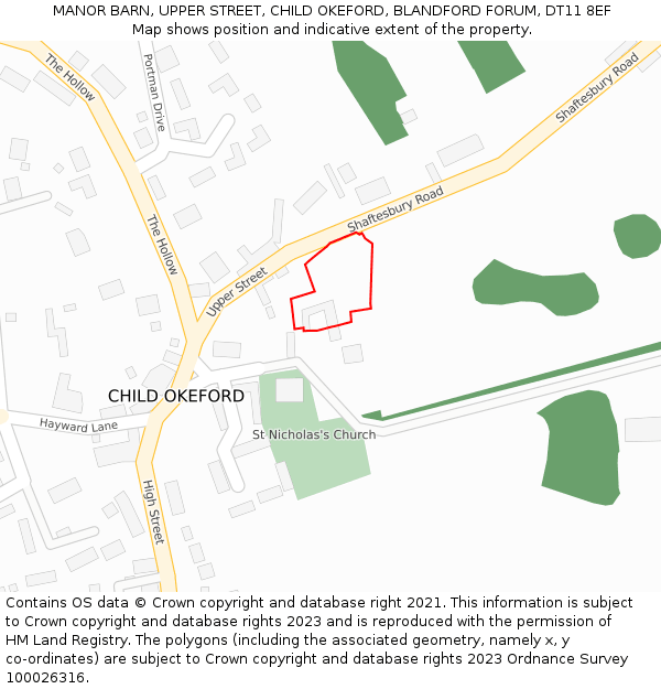 MANOR BARN, UPPER STREET, CHILD OKEFORD, BLANDFORD FORUM, DT11 8EF: Location map and indicative extent of plot