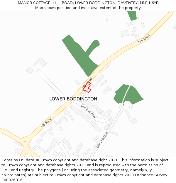 MANOR COTTAGE, HILL ROAD, LOWER BODDINGTON, DAVENTRY, NN11 6YB: Location map and indicative extent of plot