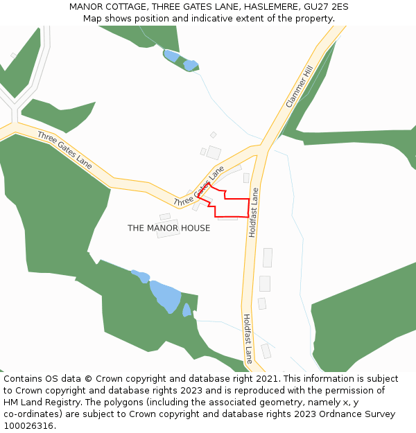 MANOR COTTAGE, THREE GATES LANE, HASLEMERE, GU27 2ES: Location map and indicative extent of plot