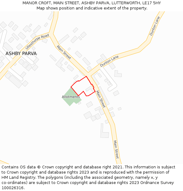 MANOR CROFT, MAIN STREET, ASHBY PARVA, LUTTERWORTH, LE17 5HY: Location map and indicative extent of plot