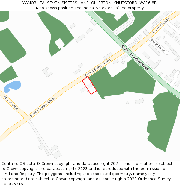 MANOR LEA, SEVEN SISTERS LANE, OLLERTON, KNUTSFORD, WA16 8RL: Location map and indicative extent of plot
