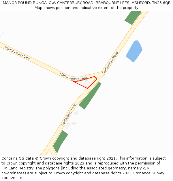 MANOR POUND BUNGALOW, CANTERBURY ROAD, BRABOURNE LEES, ASHFORD, TN25 6QR: Location map and indicative extent of plot