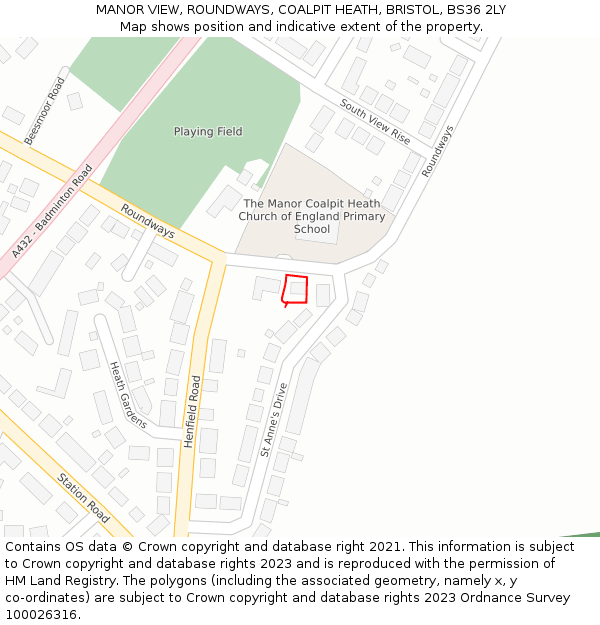 MANOR VIEW, ROUNDWAYS, COALPIT HEATH, BRISTOL, BS36 2LY: Location map and indicative extent of plot