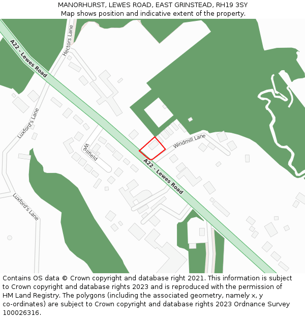 MANORHURST, LEWES ROAD, EAST GRINSTEAD, RH19 3SY: Location map and indicative extent of plot