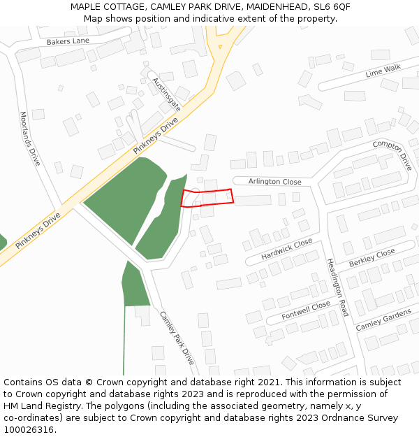 MAPLE COTTAGE, CAMLEY PARK DRIVE, MAIDENHEAD, SL6 6QF: Location map and indicative extent of plot