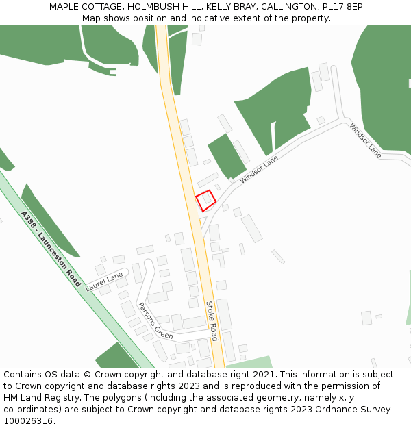 MAPLE COTTAGE, HOLMBUSH HILL, KELLY BRAY, CALLINGTON, PL17 8EP: Location map and indicative extent of plot