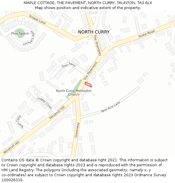 MAPLE COTTAGE, THE PAVEMENT, NORTH CURRY, TAUNTON, TA3 6LX: Location map and indicative extent of plot