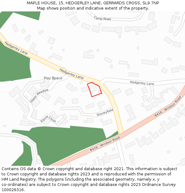 MAPLE HOUSE, 15, HEDGERLEY LANE, GERRARDS CROSS, SL9 7NP: Location map and indicative extent of plot