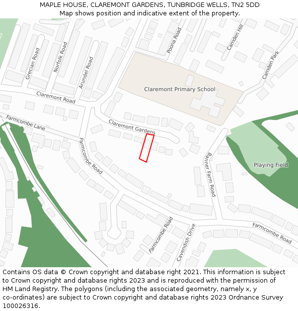 MAPLE HOUSE, CLAREMONT GARDENS, TUNBRIDGE WELLS, TN2 5DD: Location map and indicative extent of plot