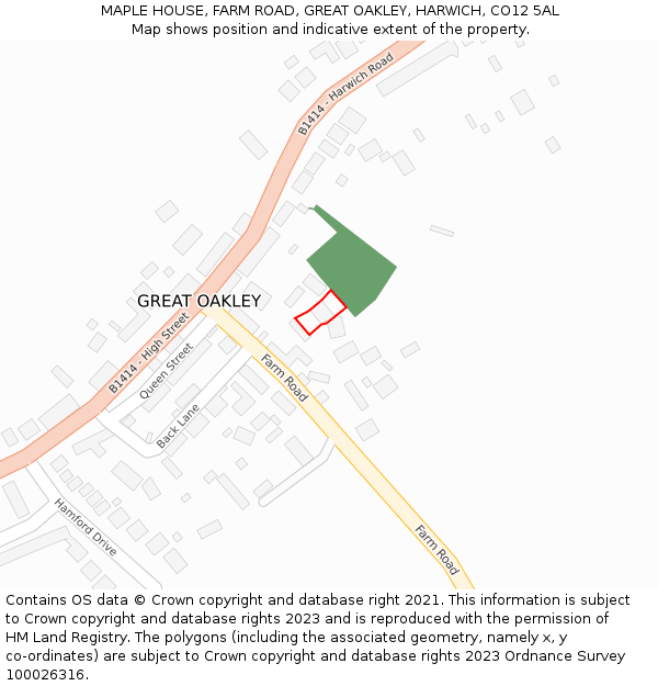 MAPLE HOUSE, FARM ROAD, GREAT OAKLEY, HARWICH, CO12 5AL: Location map and indicative extent of plot