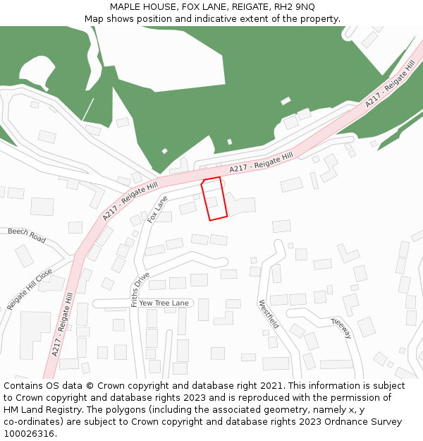 MAPLE HOUSE, FOX LANE, REIGATE, RH2 9NQ: Location map and indicative extent of plot