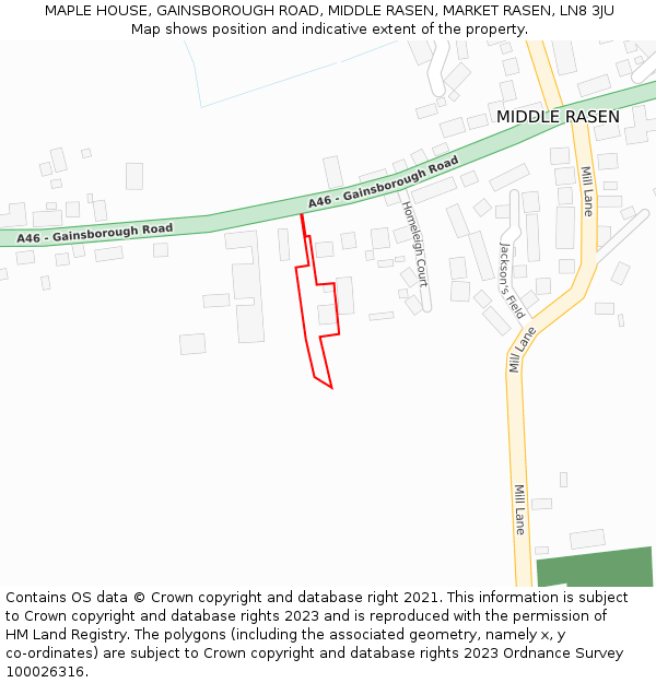 MAPLE HOUSE, GAINSBOROUGH ROAD, MIDDLE RASEN, MARKET RASEN, LN8 3JU: Location map and indicative extent of plot