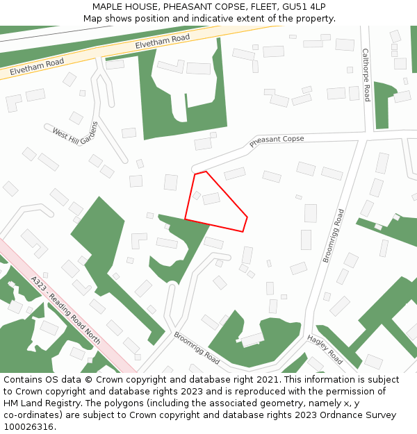 MAPLE HOUSE, PHEASANT COPSE, FLEET, GU51 4LP: Location map and indicative extent of plot