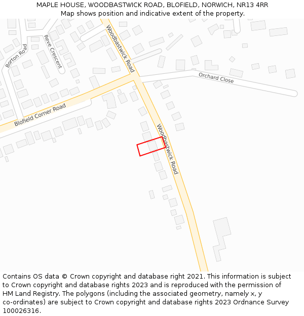 MAPLE HOUSE, WOODBASTWICK ROAD, BLOFIELD, NORWICH, NR13 4RR: Location map and indicative extent of plot