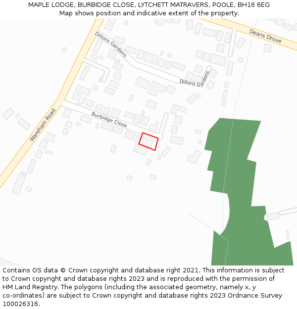 MAPLE LODGE, BURBIDGE CLOSE, LYTCHETT MATRAVERS, POOLE, BH16 6EG: Location map and indicative extent of plot