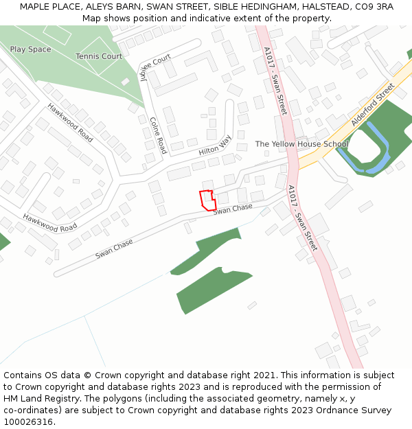 MAPLE PLACE, ALEYS BARN, SWAN STREET, SIBLE HEDINGHAM, HALSTEAD, CO9 3RA: Location map and indicative extent of plot